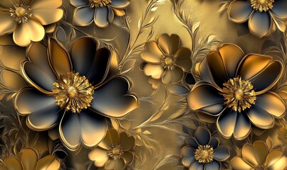 Elegant 3D Golden and Dark Floral Design on Gold Background, Stunning Decorative Artwork for Luxurious Themes, Detailed Flower Pattern for Sophisticated Decor, High-Quality Visual, Generative AI
