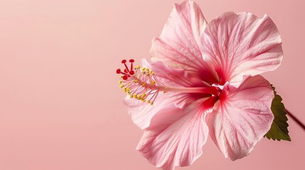 Soft focus of a beautiful hibiscus flower in full bloom against a pale pink background.