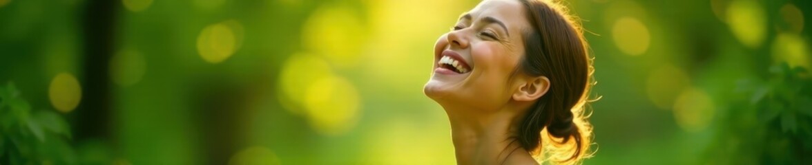 Naklejka premium Radiant smile, peaceful expression, lush greenery backdrop, beautiful, lush