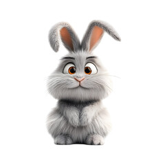Fluffy 3D Cartoon Bunny with Droopy Ears Sitting Down Isolated on Transparent Background