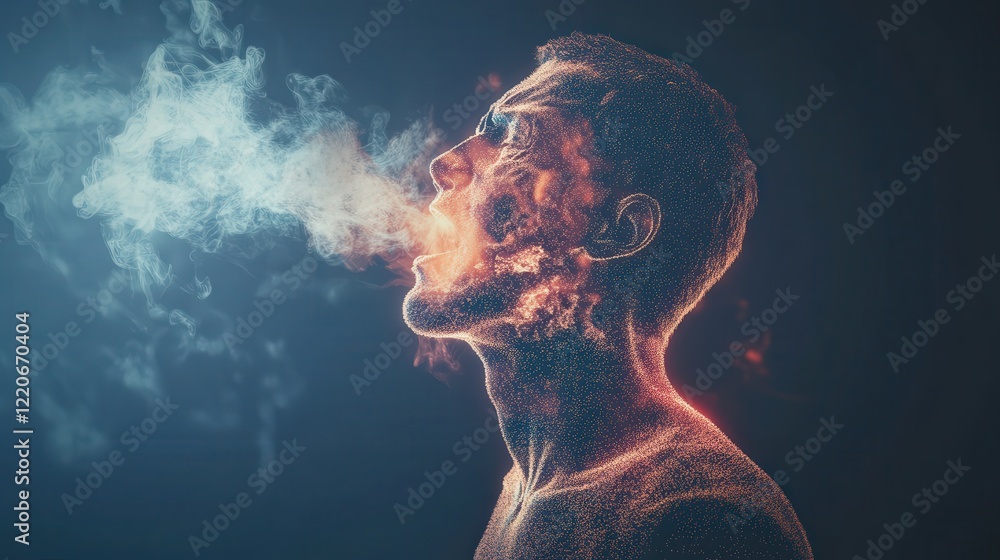 Poster person inhaling fine dust particles and experiencing coughing, highlighting how air pollution affect