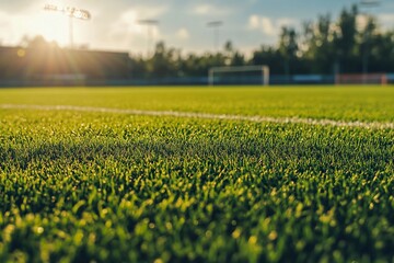 Obraz premium Smooth green grass, well-groomed lawn on a sunny day. Natural background of yellow-green grass in the sun. Stadium grass. Top view of garden background, bright grass concept, lawn for sports field