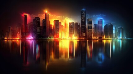 Futuristic Urban Skyline with Neon Light Contrast