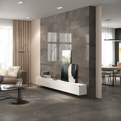 Amazing studio apartment decor with wall window white sofa and leader light in corner, black marble on wall and dining area and living room divider, and other essentials to complete the design. 3D