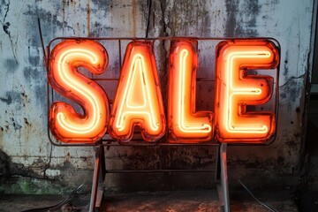 Naklejka premium Glowing Neon Sale Sign on Industrial Wall Background
