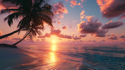 Amazing summer sunset over calm sea. Relaxing view with bright colors of sky and clouds reflecting in water surface.