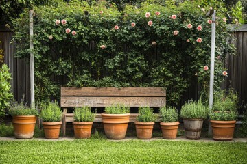 Naklejka premium A backyard garden with a rustic wooden bench, a row of herbs in pots, and a trellis covered in climbing roses