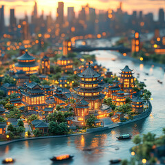 Fototapeta premium City with a river running through it and a large building in the background. The sky is orange and the city is lit up at night