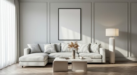 An elegant and bright living room bathed in natural light and a large vertical black framed blank poster is mounted on the light gray wall