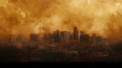city skyline under a heavy layer of PM 2.5 dust, demonstrating the adverse effects on public health and the environment