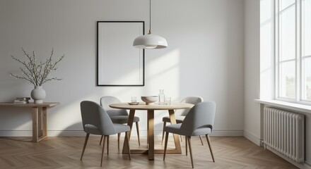 A cozy and inviting dining area with a bright atmosphere and a circular wooden table with a sculptural base