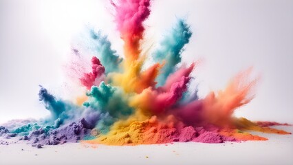 Fototapeta premium Vibrant rainbow-colored powder explosion against a white background.