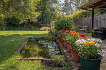 A backyard garden with a small pond, a row of potted flowers, and a compost bin tucked into the corner