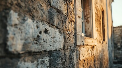 Ancient Stone Wall With Window at Sunset