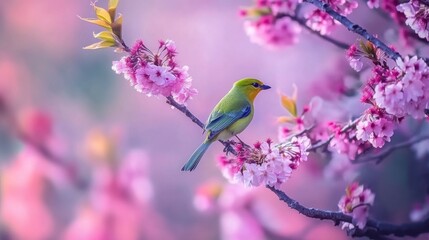 Obraz premium Green Bird Perched on Delicate Pink Cherry Blossoms