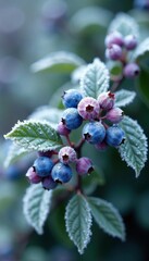 Frosty blueberry bush with icy green leaves and purple hues, snow-kissed foliage, berry bushes, icy leaves