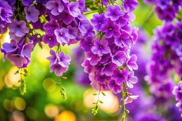 Obraz premium Vibrant purple blooms hang from a tree branch, a close-up garden scene bursting with floral beauty.