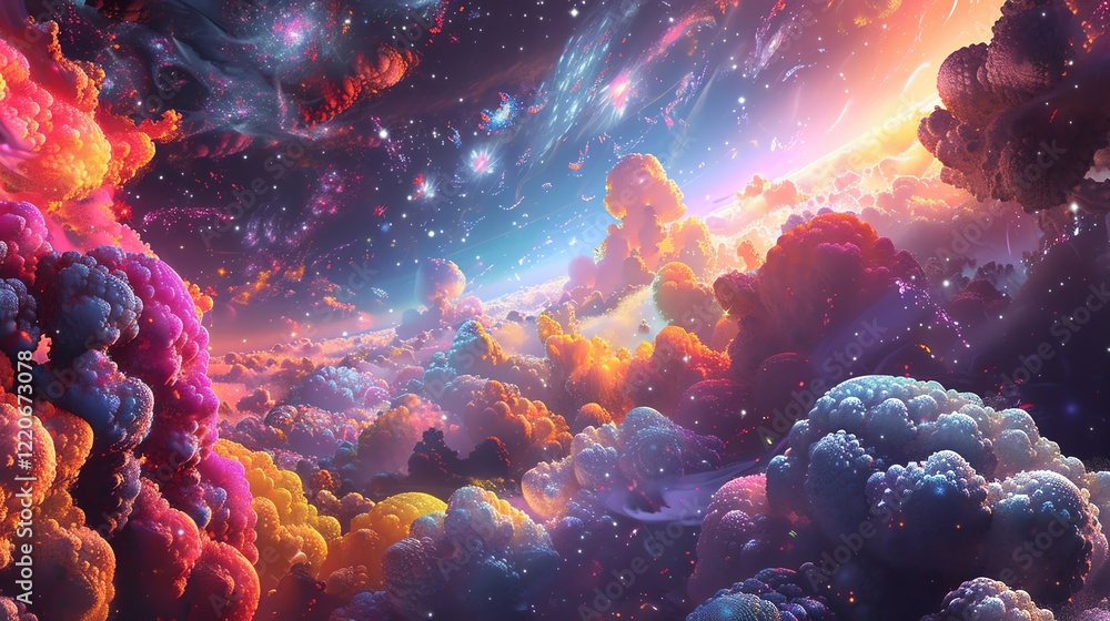 Poster amazing view of a beautiful alien planet with a bright atmosphere and colorful clouds.