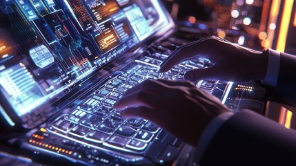 Futuristic Laptop Typing Scene with Cyberpunk-Style Image