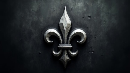 Silver vintage fleur-de-lis on a black stone grunge background, heraldic lily