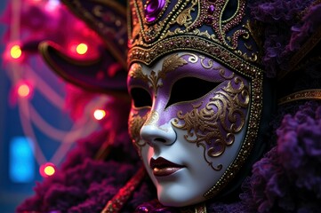 Fototapeta premium Ornate venetian mask with purple and gold detailing at carnival festival