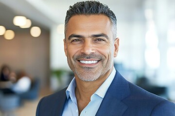 Fototapeta premium Headshot close up portrait of indian or latin confident mature good looking middle age leader ceo male businessman on blur office background.