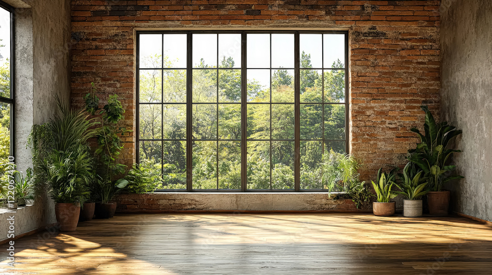 Poster large window in a room with a view of trees. the room is empty and has a lot of plants