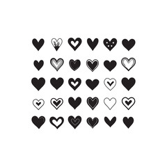 black silhouette Vector hand-drawn childlike doodle heart icon set. Black stroke on white background.