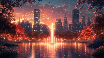 Fototapeta premium Autumn Sunset Cityscape Reflecting In Park Fountain