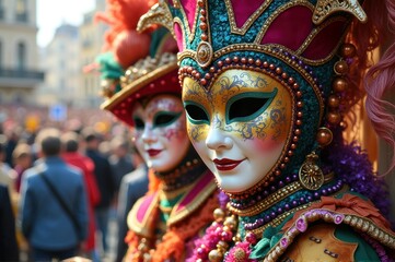 Colorful venetian carnival masks in festive celebration