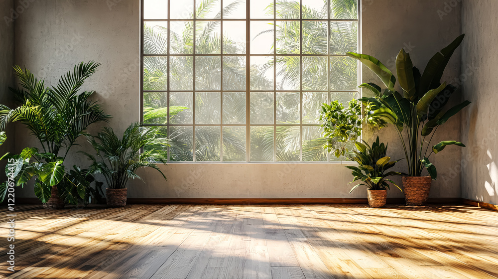 Poster large window in a room with a view of trees. the room is empty and has a lot of plants
