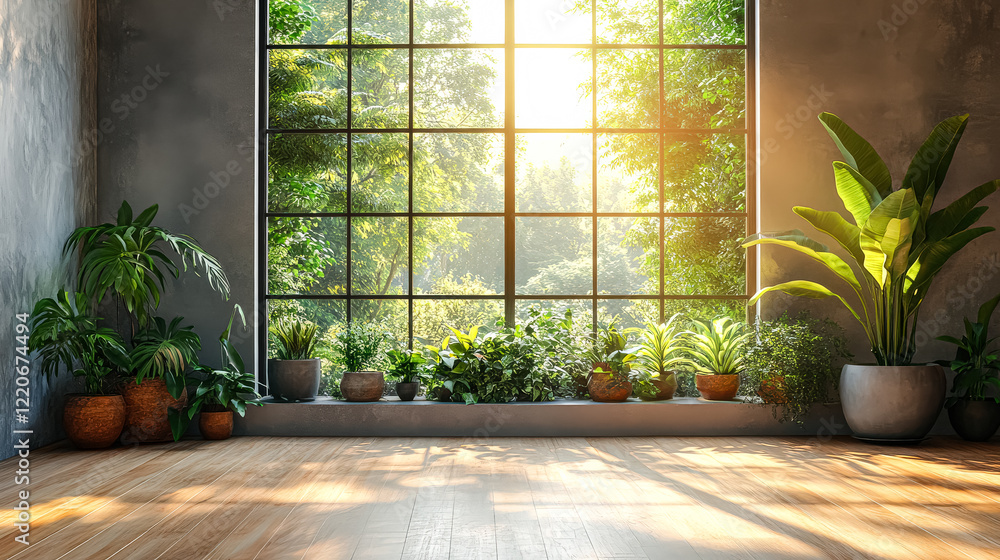 Aufkleber large window in a room with a view of trees. the room is empty and has a lot of plants