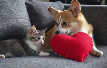 Valentine's Day concept dog corgi and cat with red heart