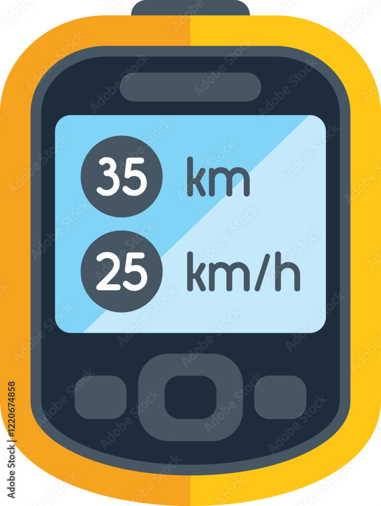 Poster yellow gps navigation device with buttons is showing speed and distance on its blue screen