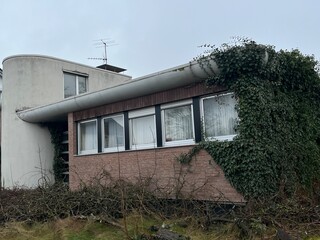Empty abandoned house, the building is overgrown with plants, nature has reclaimed part of the...