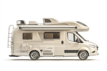 Silver Metallic Camper Van With Rooftop Storage and Retractable Awning Perfect for Outdoor Adventures