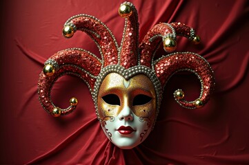 Venetian jester mask on red fabric with ornate gold and red sequins