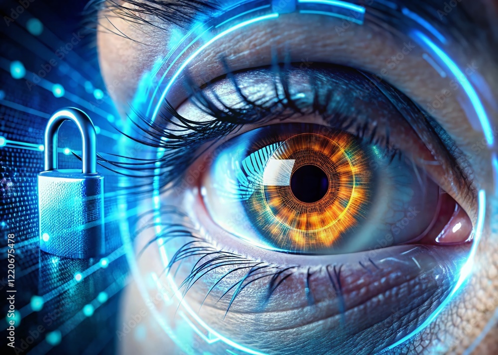 Poster digital security: human eye reflecting data encryption & lock