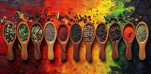 A colorful set of spices and herbs in wooden spoons on a bright background highlighting culinary variety and flavor.