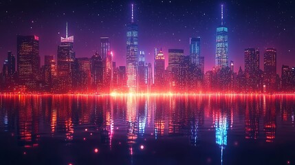 Fototapeta premium Neon City Skyline Reflecting in Still Water at Night