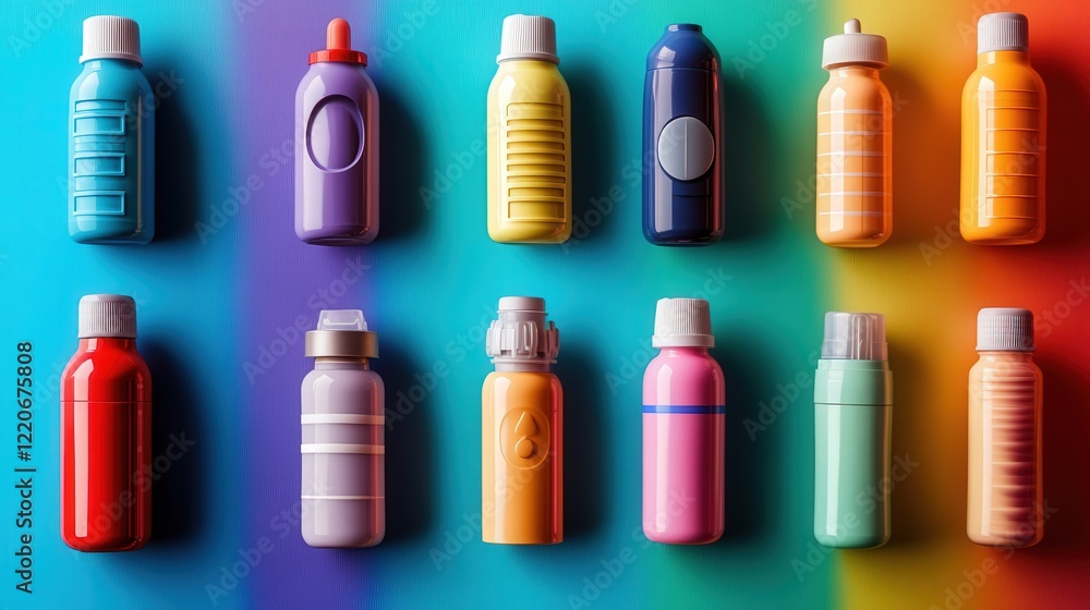 Poster colorful display of inhalers designed to manage lung diseases and improve respiratory function.