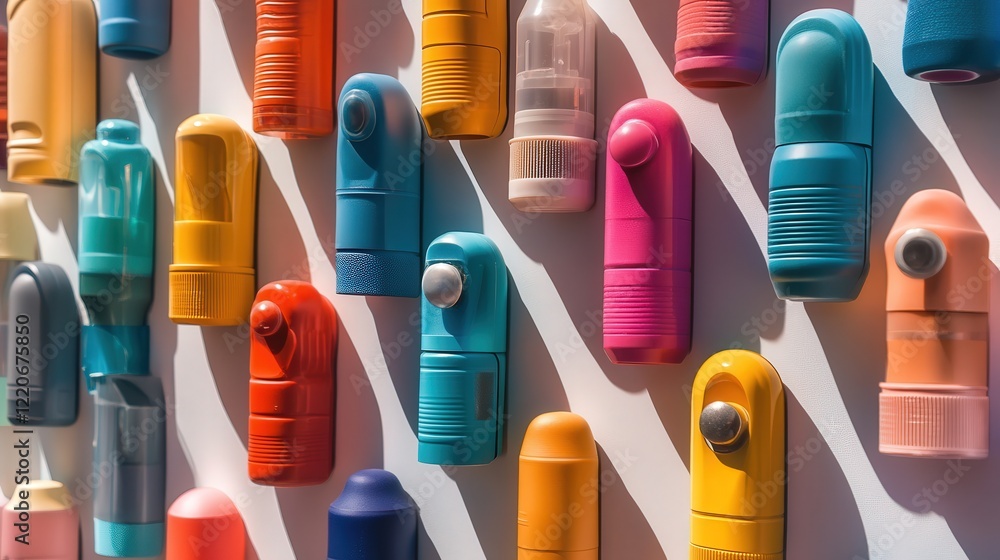 Poster colorful display of inhalers designed to manage lung diseases and improve respiratory function.