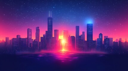Fototapeta premium Neon Cityscape at Sunset Over Water