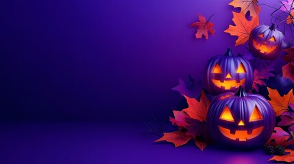 Decorative Halloween scene with glowing lanterns and colorful autumn leaves on bright purple background