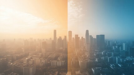 comparison between clean air and polluted air containing PM 2.5 dust particles, showing the stark difference in quality.