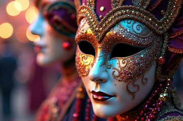 Fototapeta premium Elaborate venetian masks with intricate designs at carnival celebration