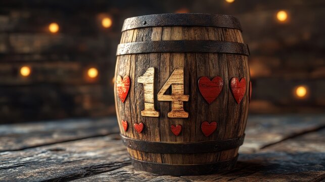 Rustic wooden lotto keg with number 14 and heart decorations for game enthusiasts