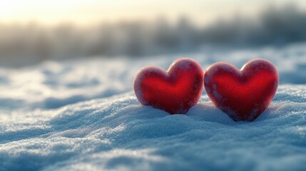 Fototapeta premium Romantic winter scene with two red hearts on snowy landscape