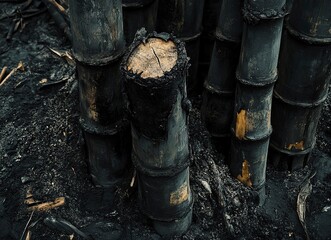 The charred bamboo stands in the ground, and there are some ashes on it. High-definition photography. 