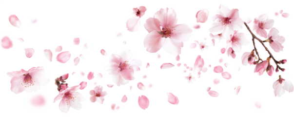 Pink cherry blossoms petals blowing in the air. Natural flow movement isolated on against transparent background.